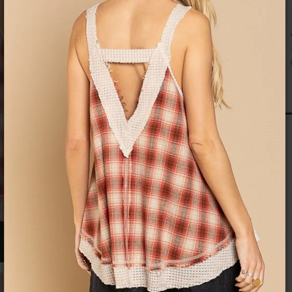 POL PLAID TANK TOP WAFFLE KNIT TRIM V NECK LOW BACK SWING TANK SUMMER TOP BR34 - Picture 4 of 5